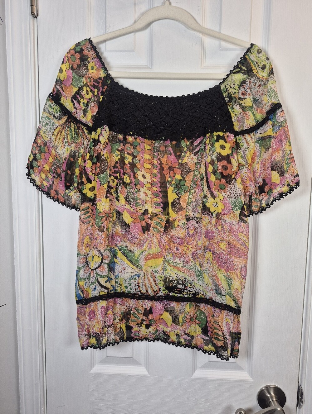 Vibrant Boho Crochet Tunic Whimsygoth Sheer Festival Top L Artsy Retro